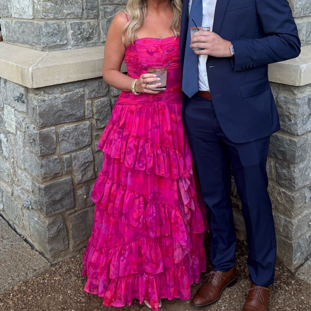 BHLDN THALIA PRINTED RUCHED SQUARE-NECK RUFFLE CHIFFON GOWN - Picture 2 of 4